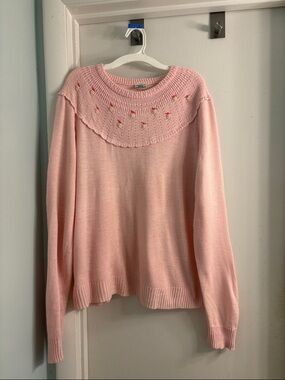 Vintage Pink Embroidered Yoke Crewneck Sweater